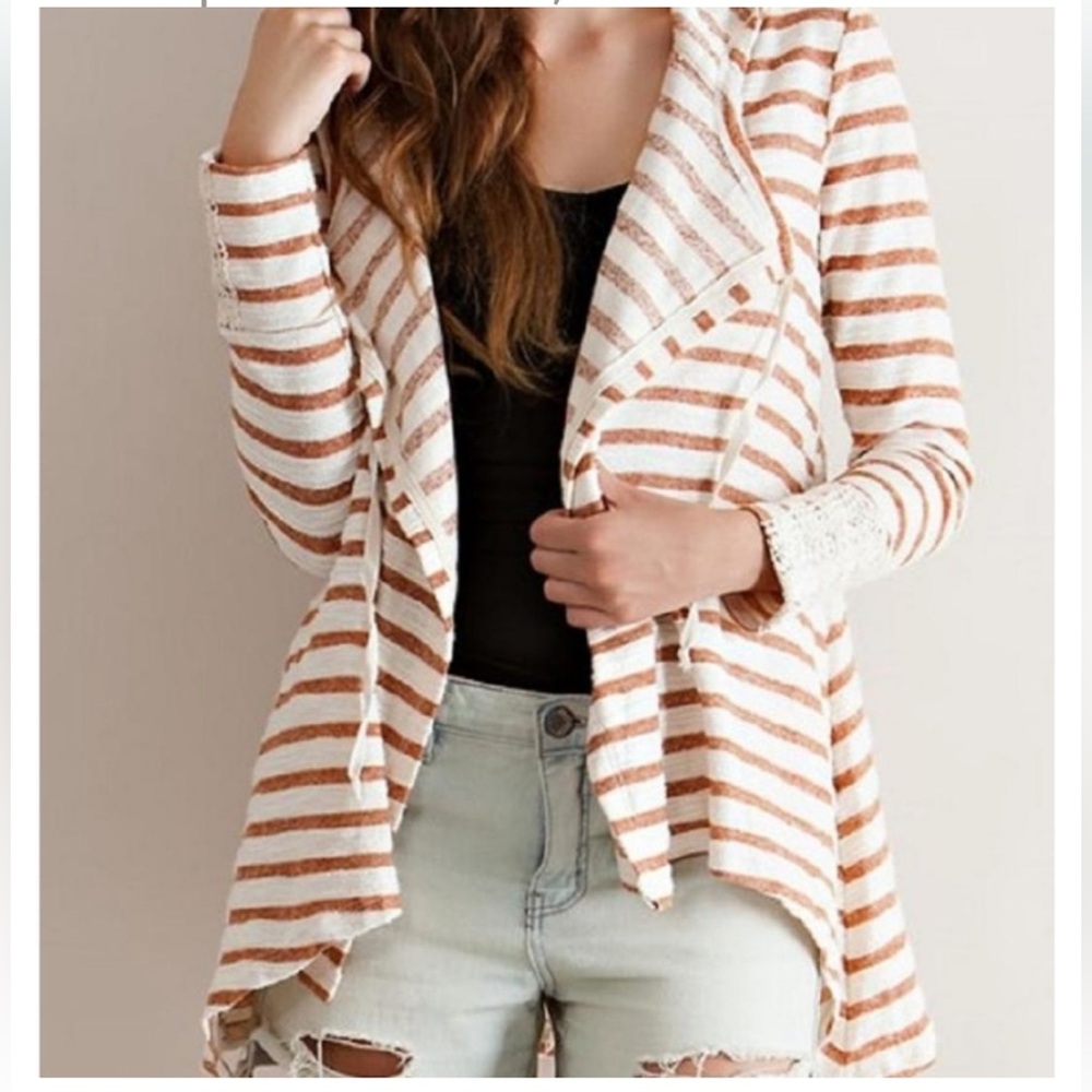 ENTRO Cream and Red Striped Lace Embroidered Hoodie with Pockets Size Small